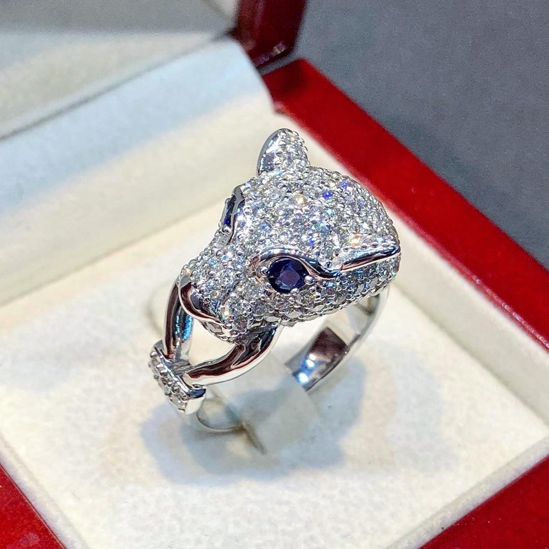 SPARKLING 2.68TCW Genuine VS Diamond 18K solid white gold ring panther cartier tiger animal blue sapphire