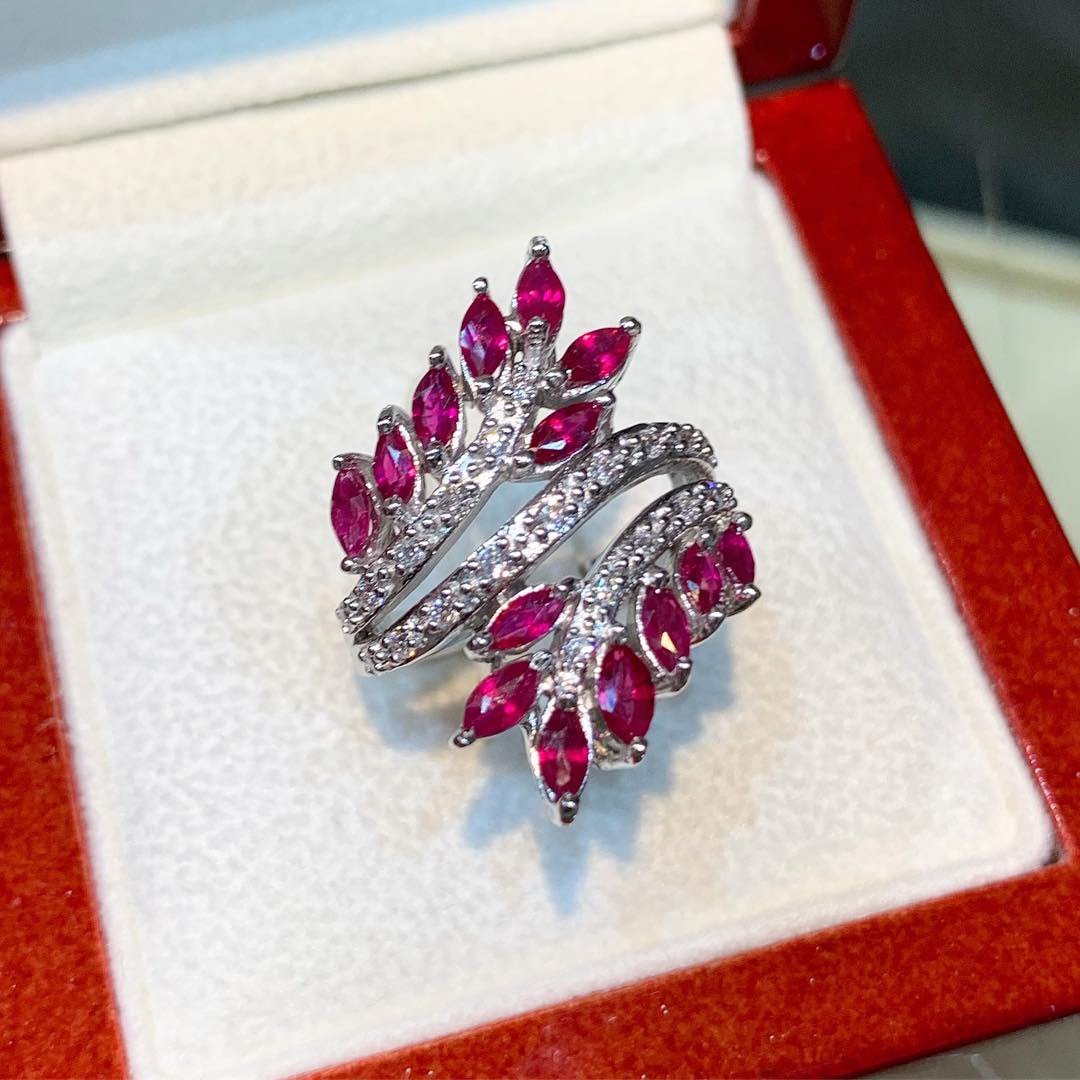 CLUSTER 1.86TCW Natural Ruby Diamond 18K solid white gold ring burmese marquise handmade engagement BURMA heat only certified modern wedding