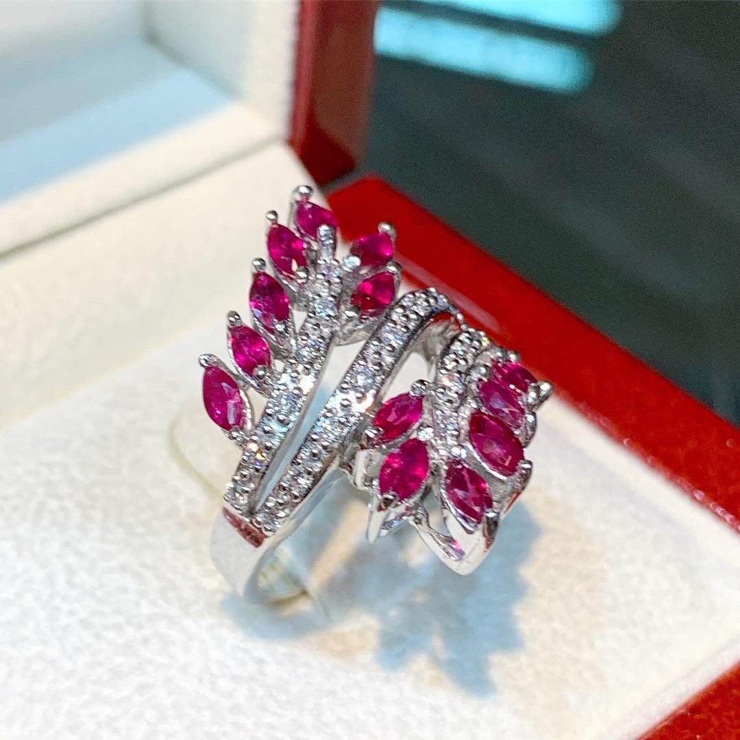 CLUSTER 1.86TCW Natural Ruby Diamond 18K solid white gold ring burmese marquise handmade engagement BURMA heat only certified modern wedding