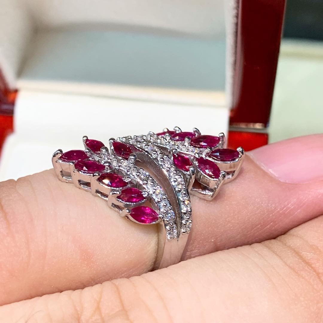 CLUSTER 1.86TCW Natural Ruby Diamond 18K solid white gold ring burmese marquise handmade engagement BURMA heat only certified modern wedding