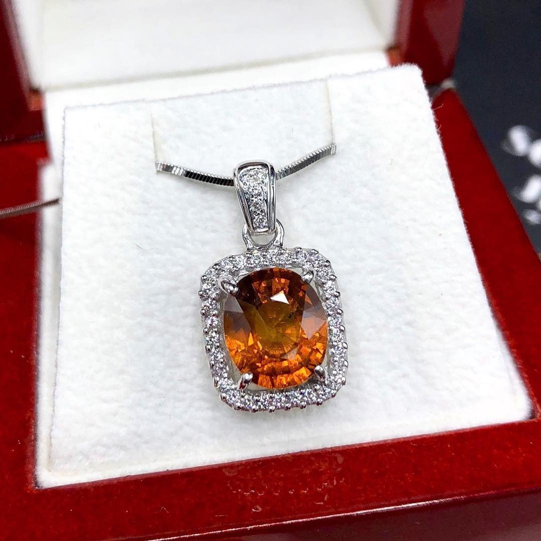 VIVID 4.67TCW Orange Sapphire & Diamonds in 18K solid white gold pendant necklace unisex natural authentic Ceylon mens yellow double halo