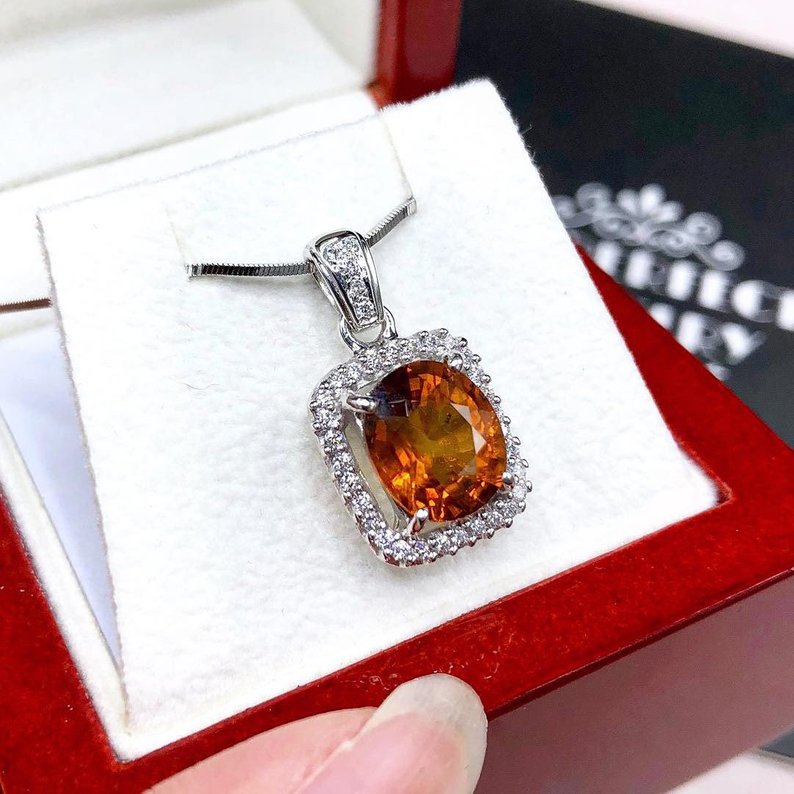 VIVID 4.67TCW Orange Sapphire & Diamonds in 18K solid white gold pendant necklace unisex natural authentic Ceylon mens yellow double halo