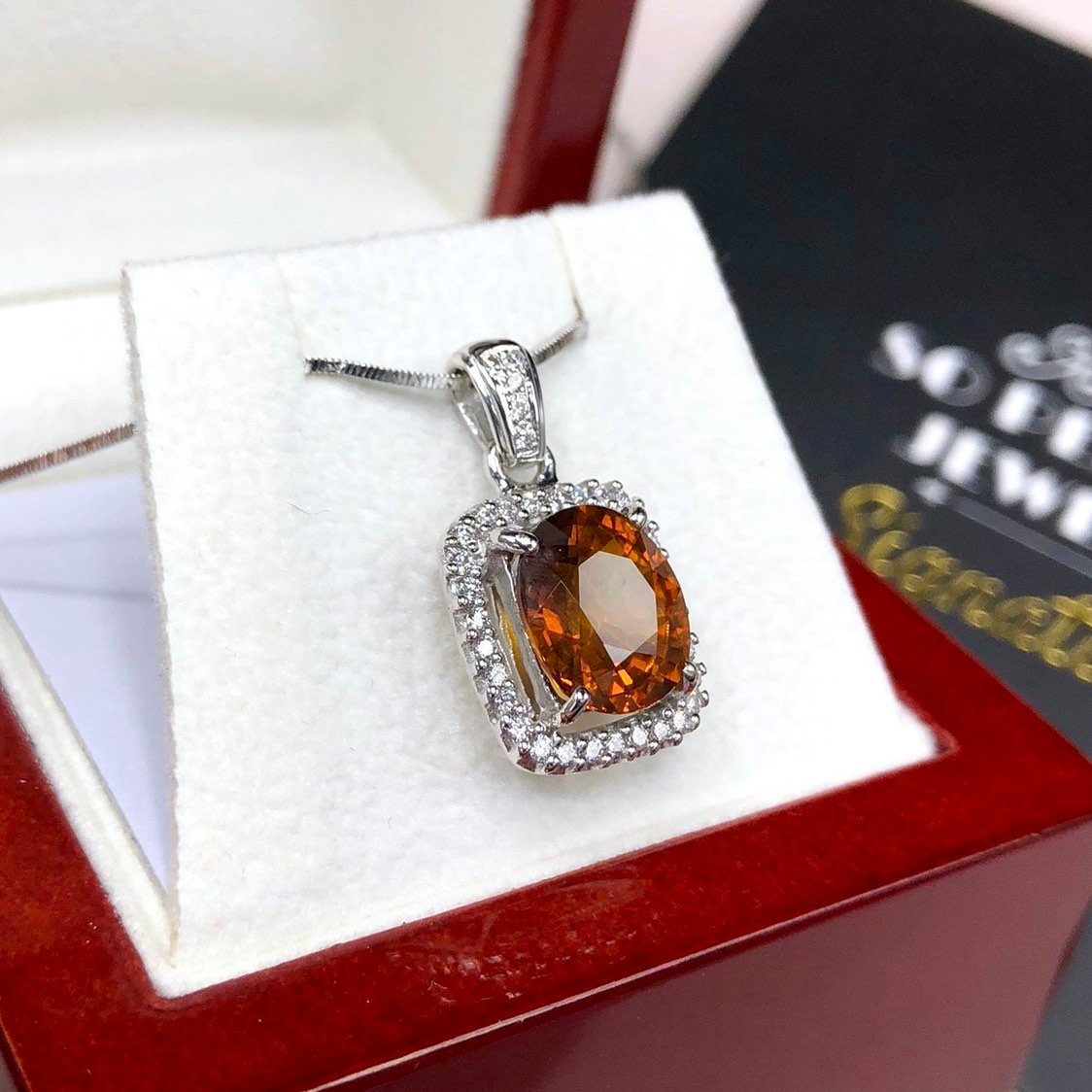 VIVID 4.67TCW Orange Sapphire & Diamonds in 18K solid white gold pendant necklace unisex natural authentic Ceylon mens yellow double halo