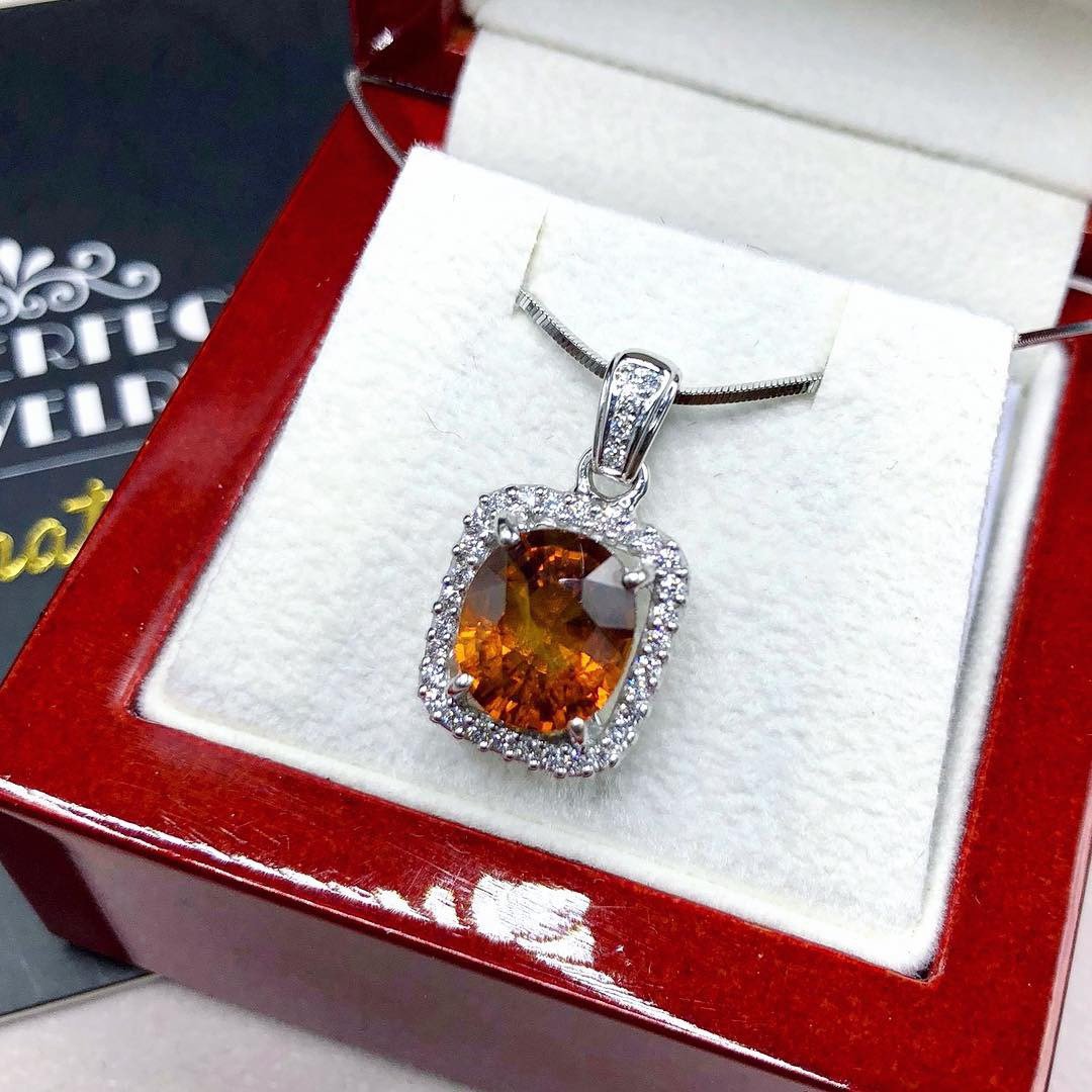 VIVID 4.67TCW Orange Sapphire & Diamonds in 18K solid white gold pendant necklace unisex natural authentic Ceylon mens yellow double halo