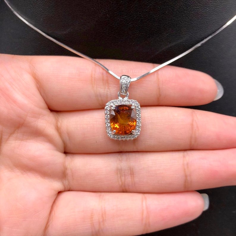 VIVID 4.67TCW Orange Sapphire & Diamonds in 18K solid white gold pendant necklace unisex natural authentic Ceylon mens yellow double halo