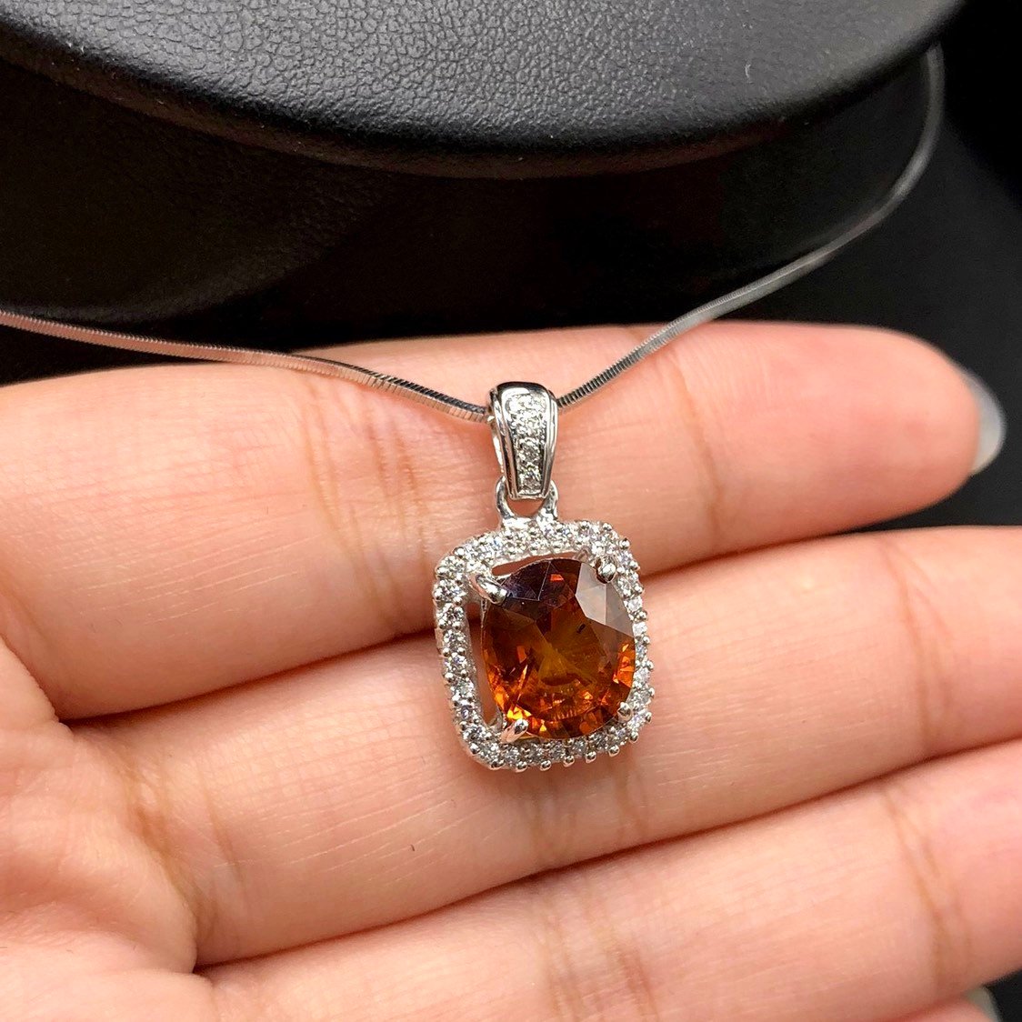 VIVID 4.67TCW Orange Sapphire & Diamonds in 18K solid white gold pendant necklace unisex natural authentic Ceylon mens yellow double halo