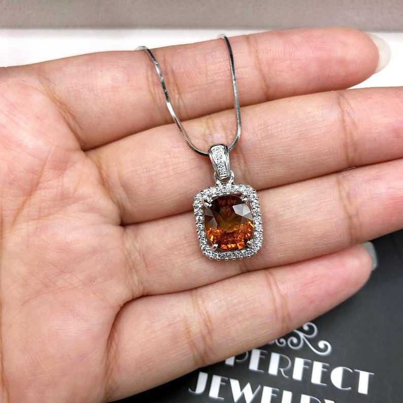 VIVID 4.67TCW Orange Sapphire & Diamonds in 18K solid white gold pendant necklace unisex natural authentic Ceylon mens yellow double halo