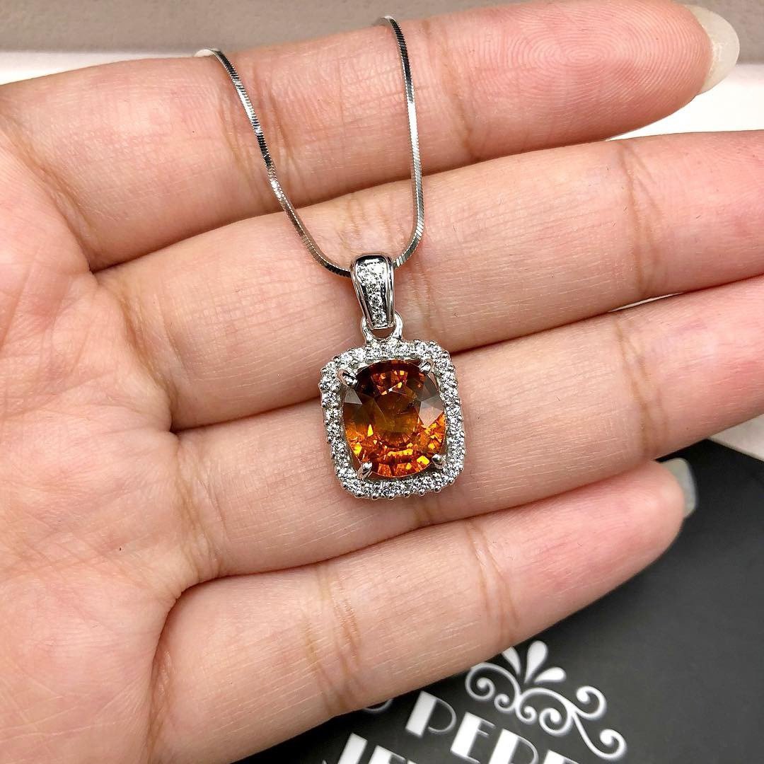 VIVID 4.67TCW Orange Sapphire & Diamonds in 18K solid white gold pendant necklace unisex natural authentic Ceylon mens yellow double halo