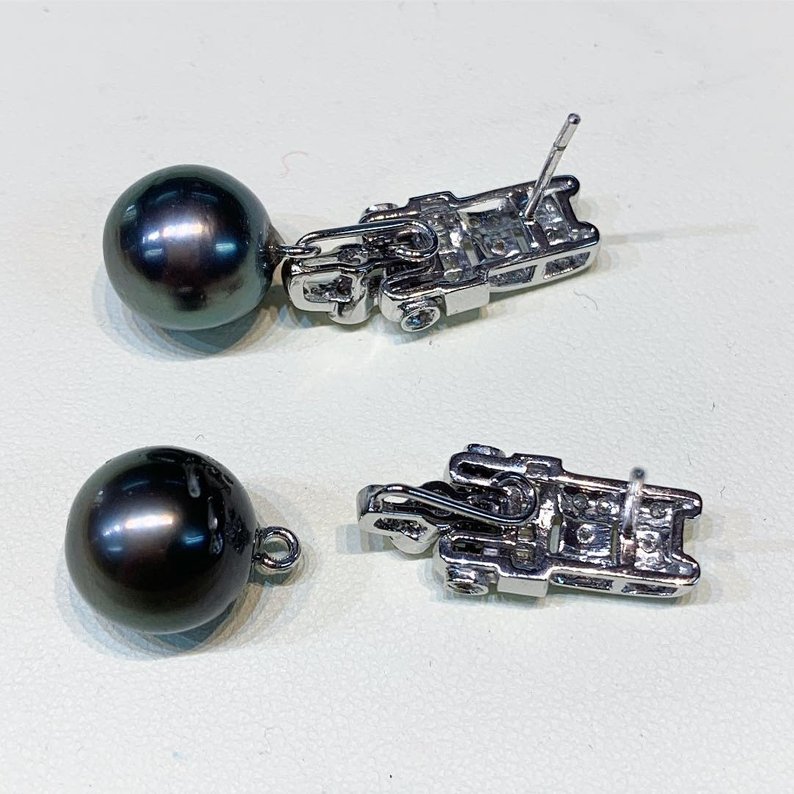 13mm TAHITIAN Black South Sea Pearls & Diamonds 18K Solid White Gold Earrings handmade bridal maid dangle drop party cocktail wedding bride