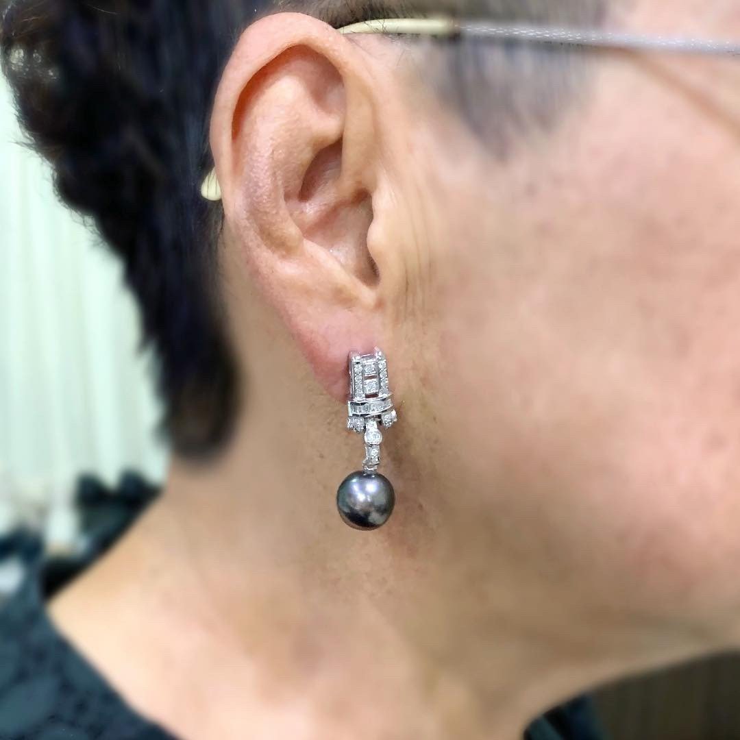 13mm TAHITIAN Black South Sea Pearls & Diamonds 18K Solid White Gold Earrings handmade bridal maid dangle drop party cocktail wedding bride