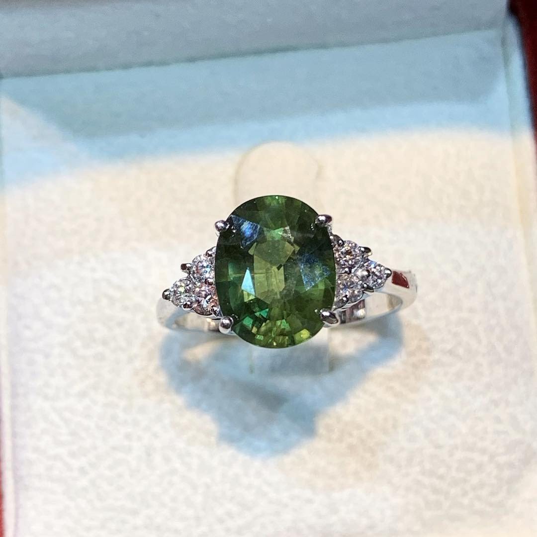 GENUINE 4.61TCW Green Sapphire Diamond 18K solid white gold handmade ring ceylon thai certified engagement modern natural emerald wedding