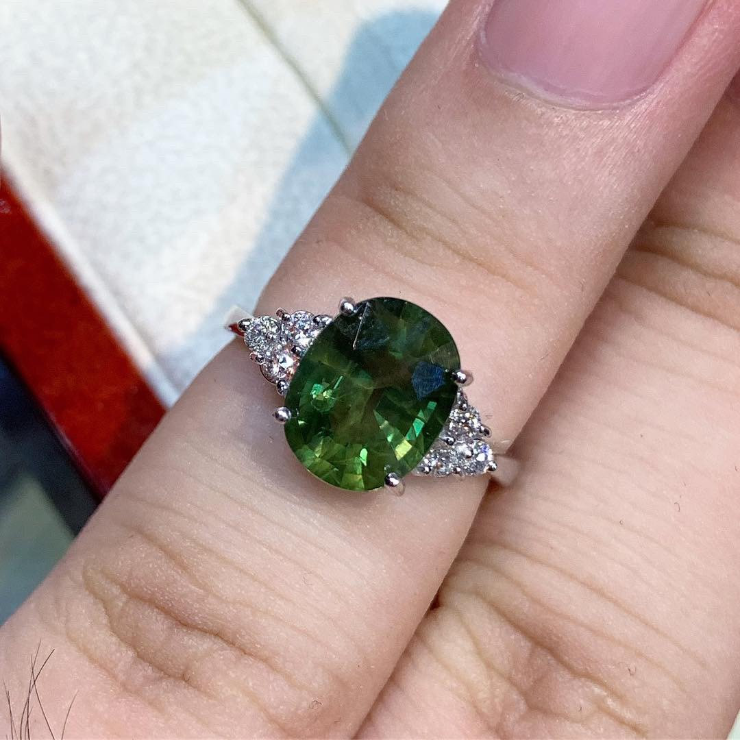 GENUINE 4.61TCW Green Sapphire Diamond 18K solid white gold handmade ring ceylon thai certified engagement modern natural emerald wedding