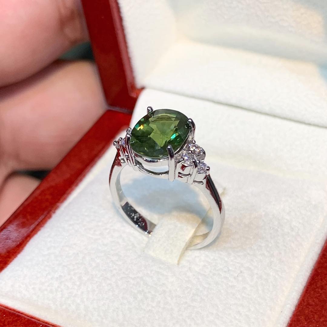 GENUINE 4.61TCW Green Sapphire Diamond 18K solid white gold handmade ring ceylon thai certified engagement modern natural emerald wedding