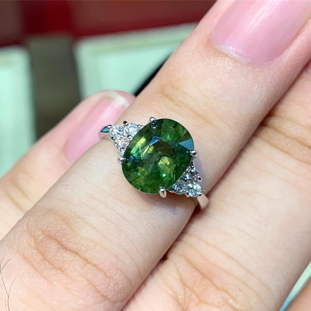 GENUINE 4.61TCW Green Sapphire Diamond 18K solid white gold handmade ring ceylon thai certified engagement modern natural emerald wedding