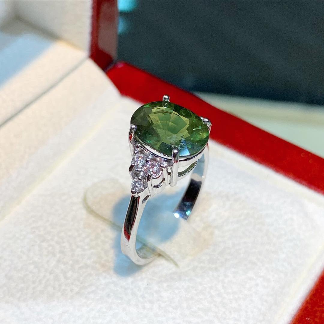 GENUINE 4.61TCW Green Sapphire Diamond 18K solid white gold handmade ring ceylon thai certified engagement modern natural emerald wedding