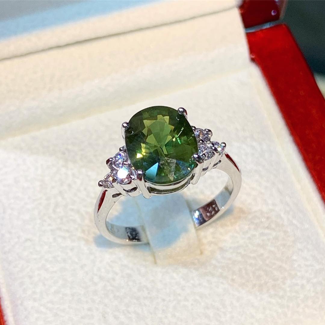 GENUINE 4.61TCW Green Sapphire Diamond 18K solid white gold handmade ring ceylon thai certified engagement modern natural emerald wedding