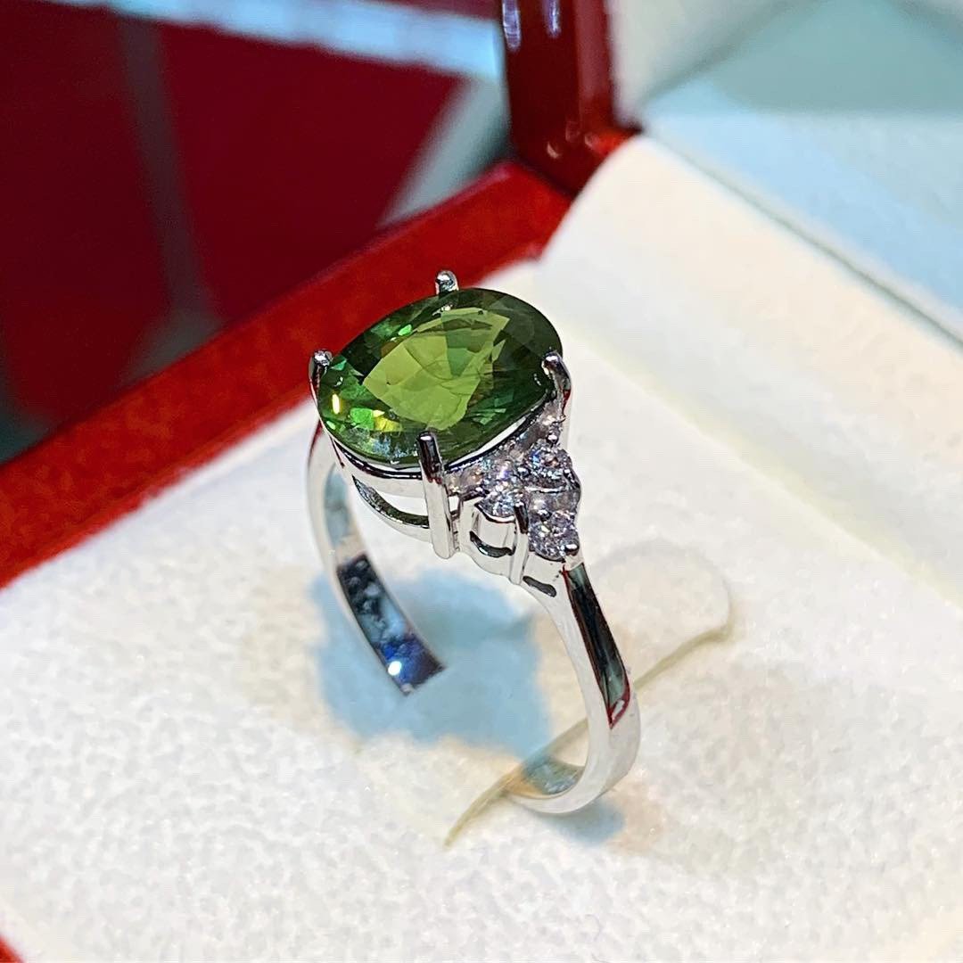 GENUINE 4.61TCW Green Sapphire Diamond 18K solid white gold handmade ring ceylon thai certified engagement modern natural emerald wedding