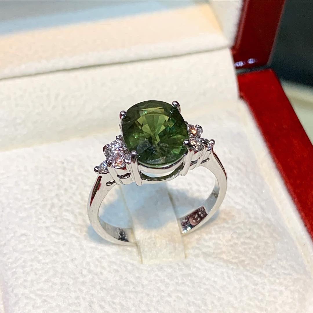 GENUINE 4.61TCW Green Sapphire Diamond 18K solid white gold handmade ring ceylon thai certified engagement modern natural emerald wedding