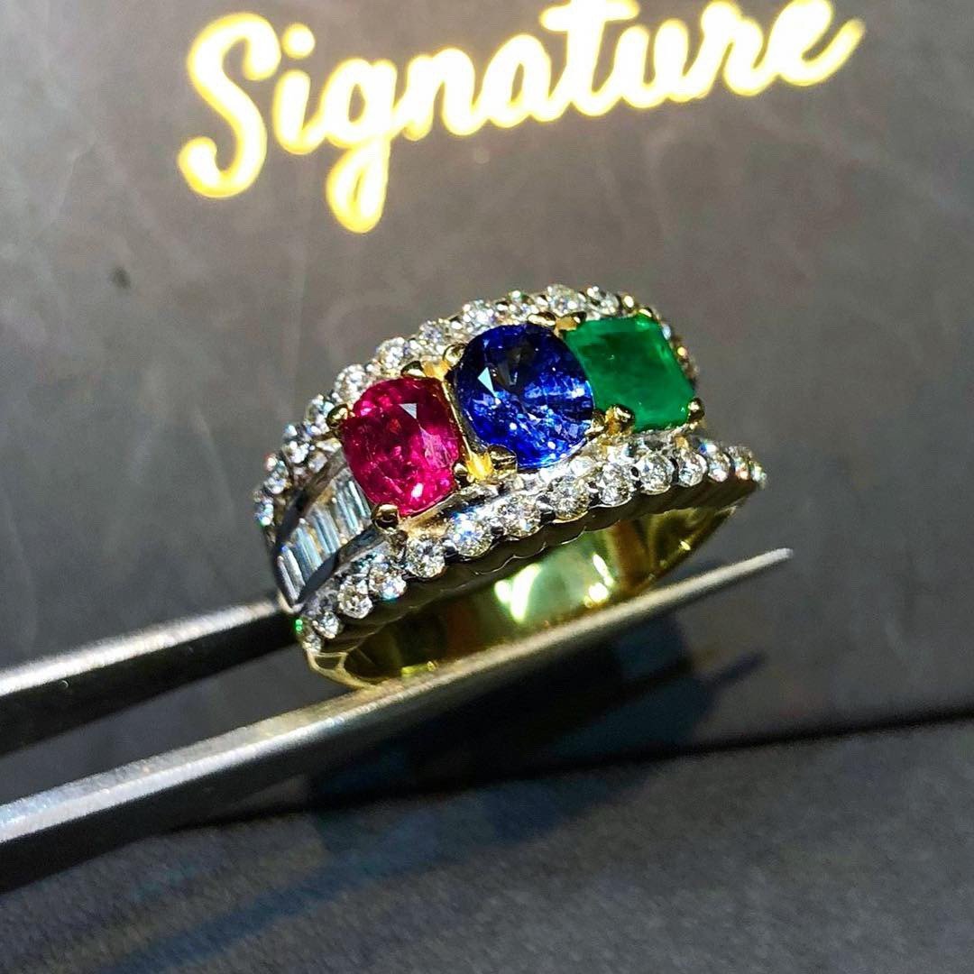 THREE STONE Ruby Emerald Sapphire Diamond in 18K solid handmade yellow gold ring blue Burma natural Colombian siamese Ceylon oval tri-stone