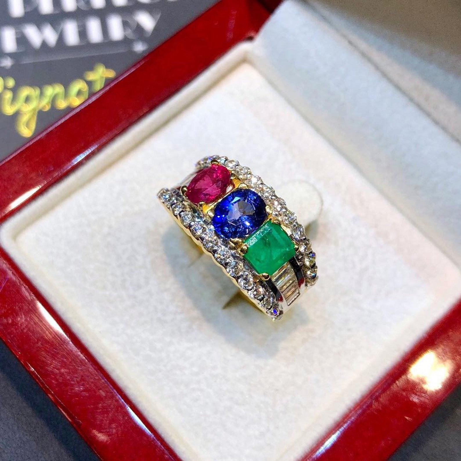 THREE STONE Ruby Emerald Sapphire Diamond in 18K solid handmade yellow gold ring blue Burma natural Colombian siamese Ceylon oval tri-stone