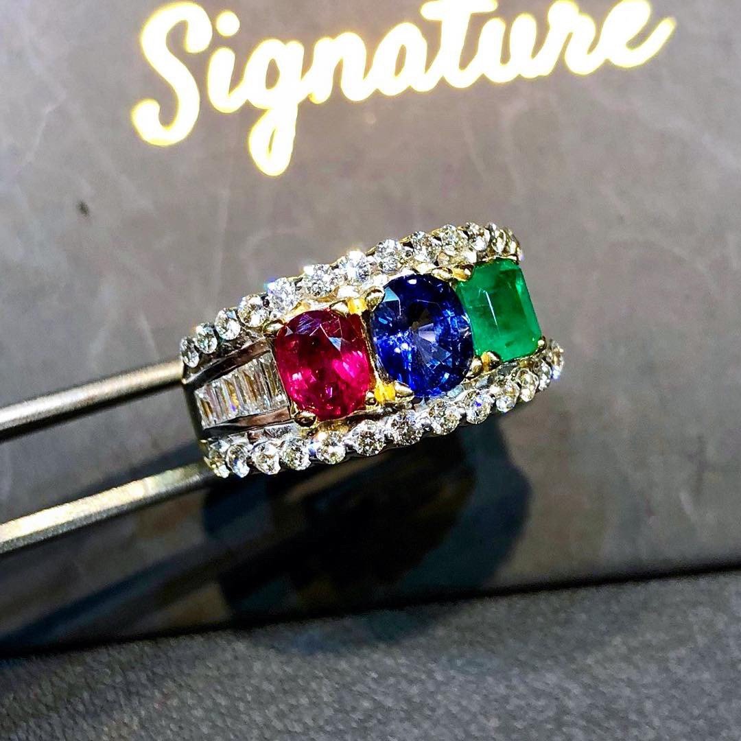 THREE STONE Ruby Emerald Sapphire Diamond in 18K solid handmade yellow gold ring blue Burma natural Colombian siamese Ceylon oval tri-stone