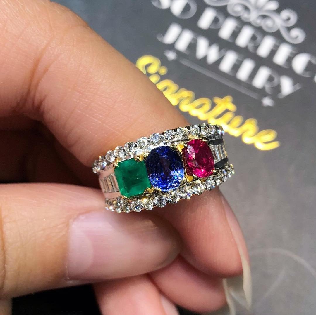 THREE STONE Ruby Emerald Sapphire Diamond in 18K solid handmade yellow gold ring blue Burma natural Colombian siamese Ceylon oval tri-stone