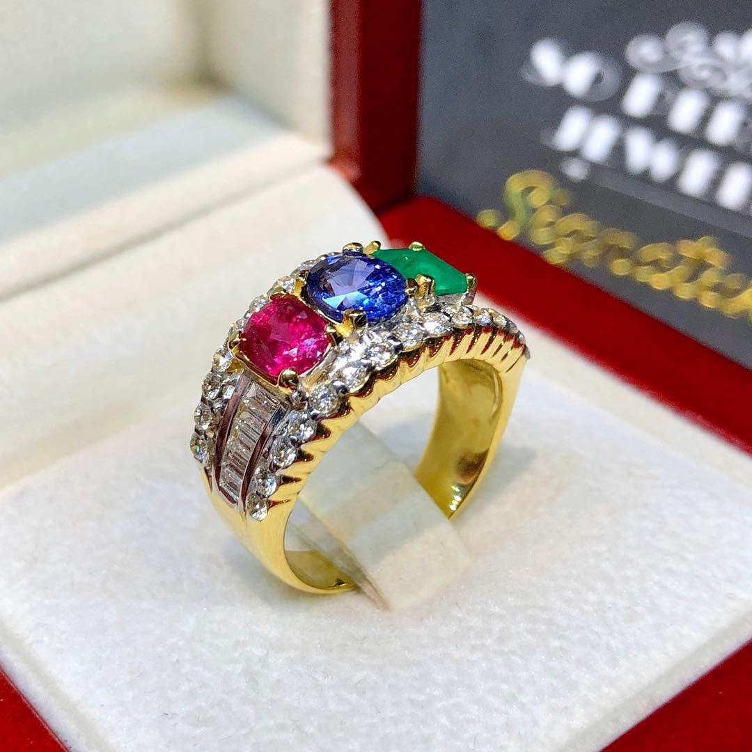 THREE STONE Ruby Emerald Sapphire Diamond in 18K solid handmade yellow gold ring blue Burma natural Colombian siamese Ceylon oval tri-stone