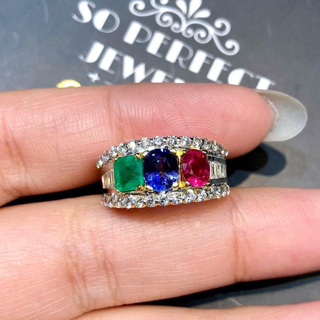 THREE STONE Ruby Emerald Sapphire Diamond in 18K solid handmade yellow gold ring blue Burma natural Colombian siamese Ceylon oval tri-stone