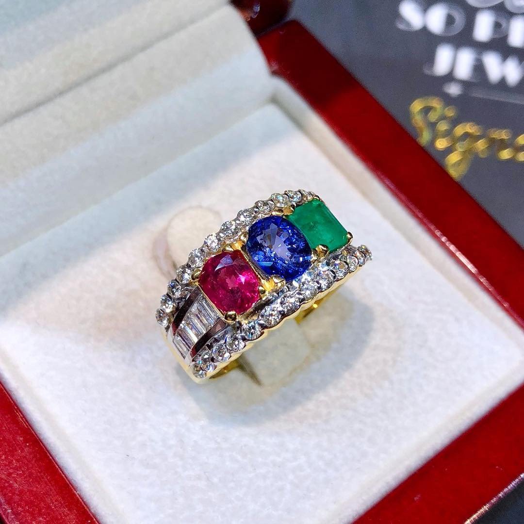 THREE STONE Ruby Emerald Sapphire Diamond in 18K solid handmade yellow gold ring blue Burma natural Colombian siamese Ceylon oval tri-stone