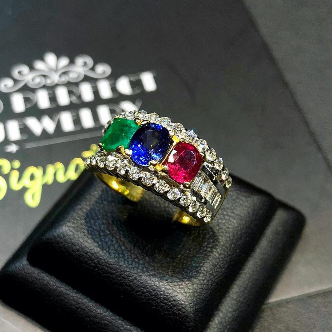 THREE STONE Ruby Emerald Sapphire Diamond in 18K solid handmade yellow gold ring blue Burma natural Colombian siamese Ceylon oval tri-stone