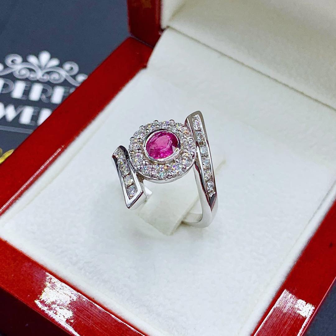 WOW! SIAMESE Ruby Diamond 18K solid handmade white gold ring pigeon blood red natural certified siam lady pear oval modern pink Burma unique