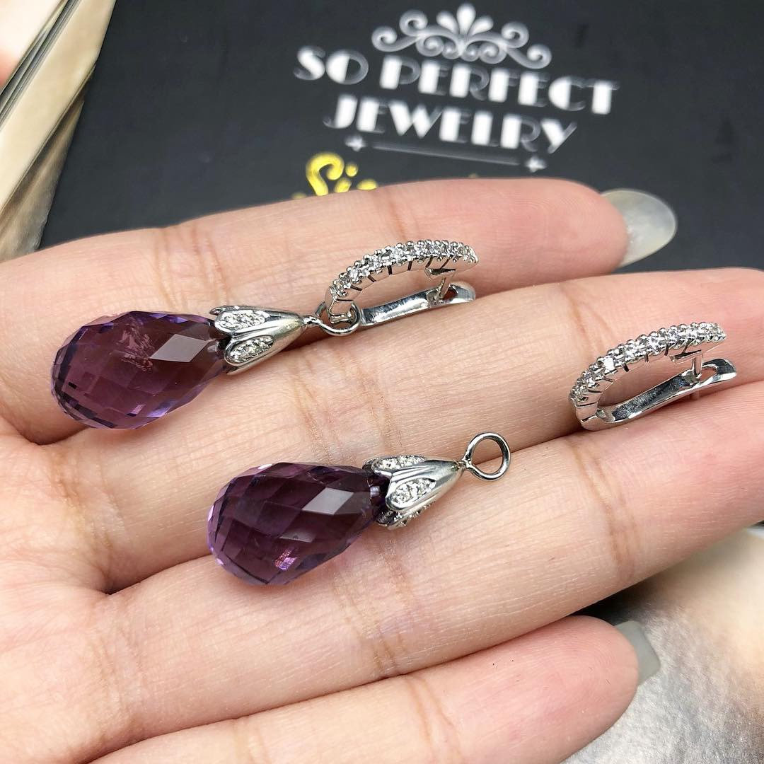 2-IN-1 DROP! 9.37TCW Amethyst VS Diamonds in 18K solid handmade white gold earrings dangle purple violet natural hoop Chandelier gala pear