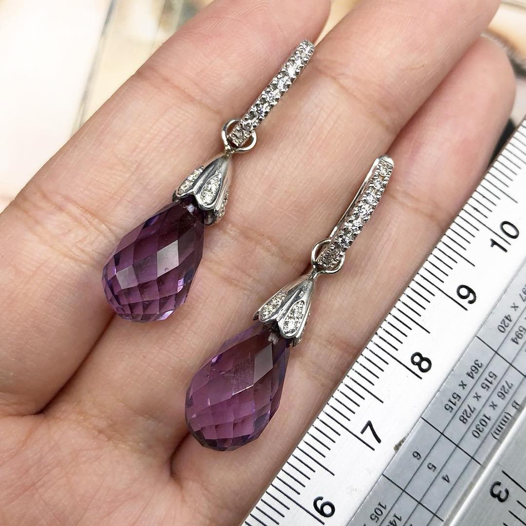 2-IN-1 DROP! 9.37TCW Amethyst VS Diamonds in 18K solid handmade white gold earrings dangle purple violet natural hoop Chandelier gala pear