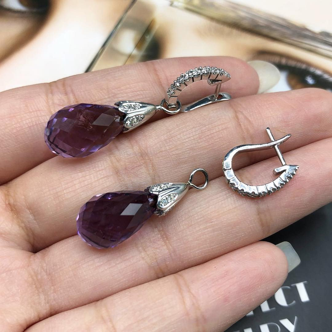 2-IN-1 DROP! 9.37TCW Amethyst VS Diamonds in 18K solid handmade white gold earrings dangle purple violet natural hoop Chandelier gala pear