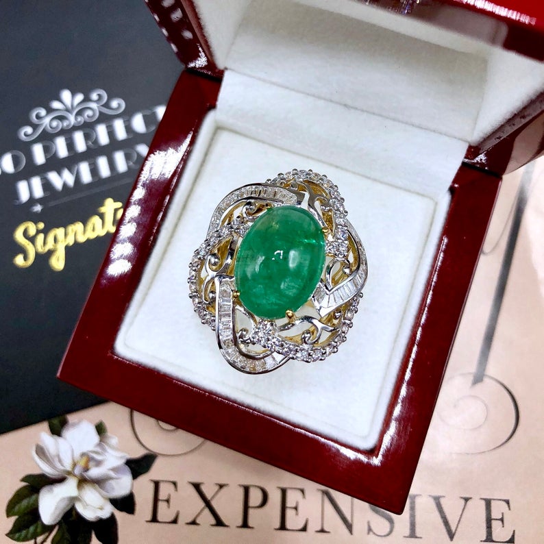 HUGE 13.89TCW Emerald VS Diamonds in 18k solid yellow gold ring engagement wedding colombian zambian modern natural vintage estate cabochon