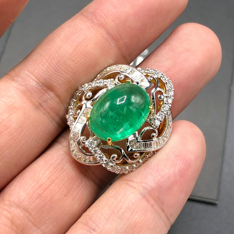 HUGE 13.89TCW Emerald VS Diamonds in 18k solid yellow gold ring engagement wedding colombian zambian modern natural vintage estate cabochon