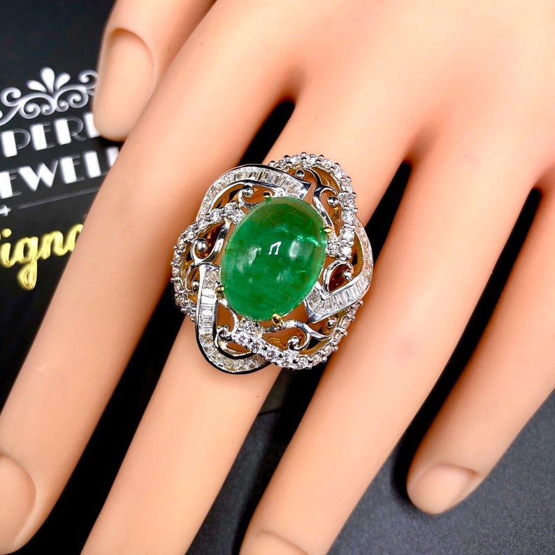 HUGE 13.89TCW Emerald VS Diamonds in 18k solid yellow gold ring engagement wedding colombian zambian modern natural vintage estate cabochon