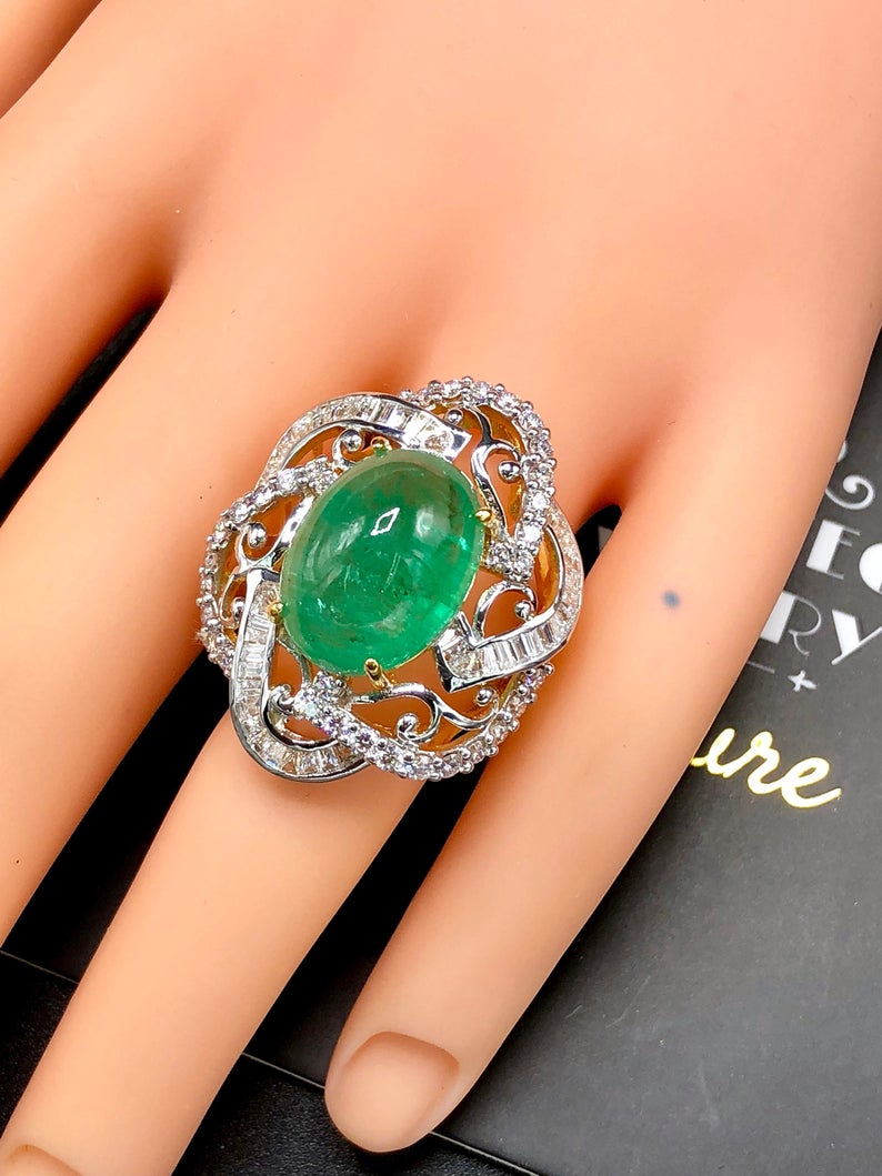 HUGE 13.89TCW Emerald VS Diamonds in 18k solid yellow gold ring engagement wedding colombian zambian modern natural vintage estate cabochon