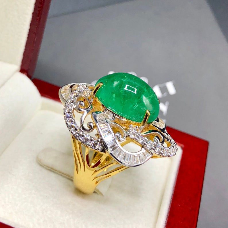 HUGE 13.89TCW Emerald VS Diamonds in 18k solid yellow gold ring engagement wedding colombian zambian modern natural vintage estate cabochon