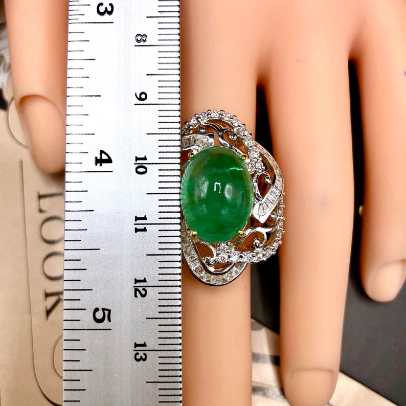 HUGE 13.89TCW Emerald VS Diamonds in 18k solid yellow gold ring engagement wedding colombian zambian modern natural vintage estate cabochon