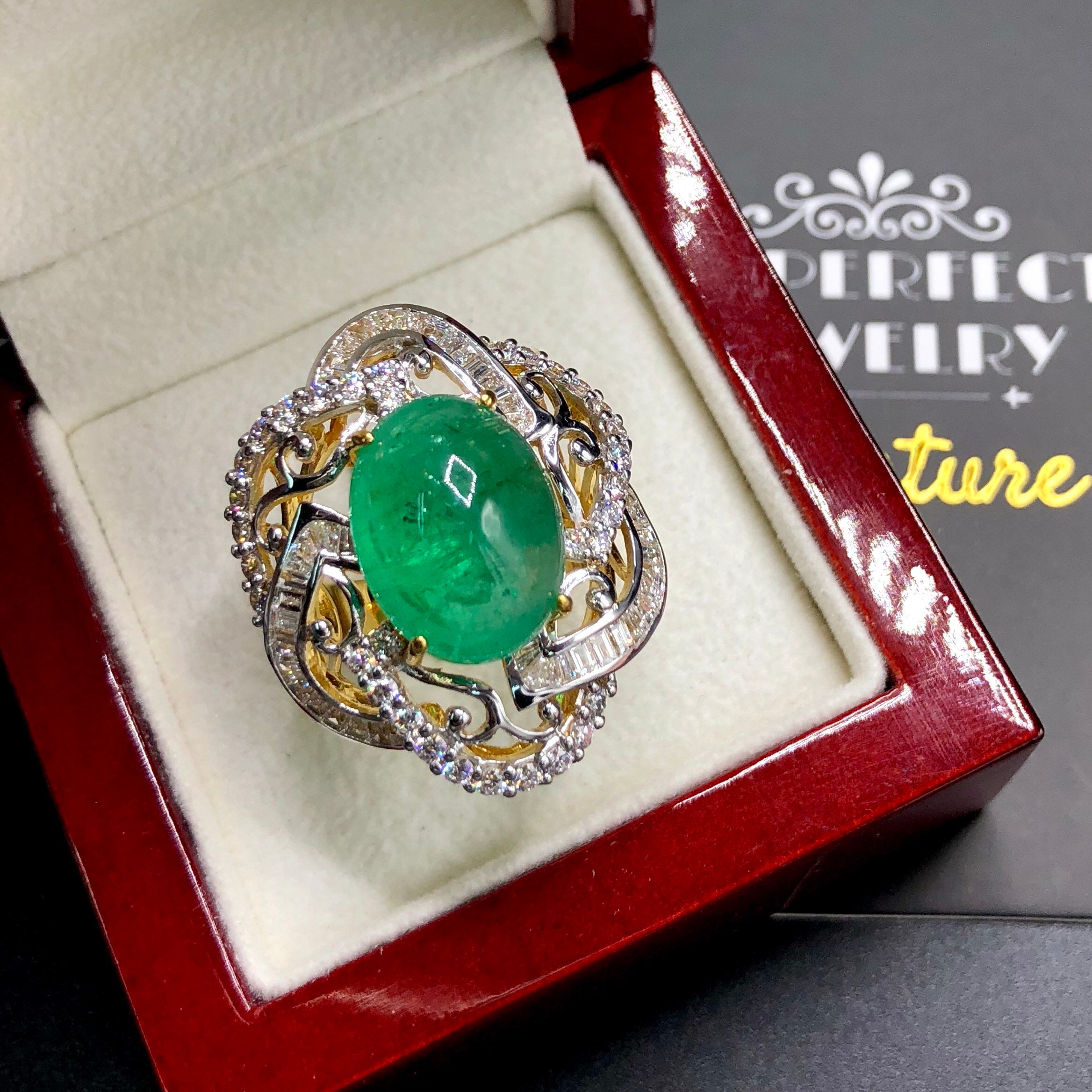 HUGE 13.89TCW Emerald VS Diamonds in 18k solid yellow gold ring engagement wedding colombian zambian modern natural vintage estate cabochon