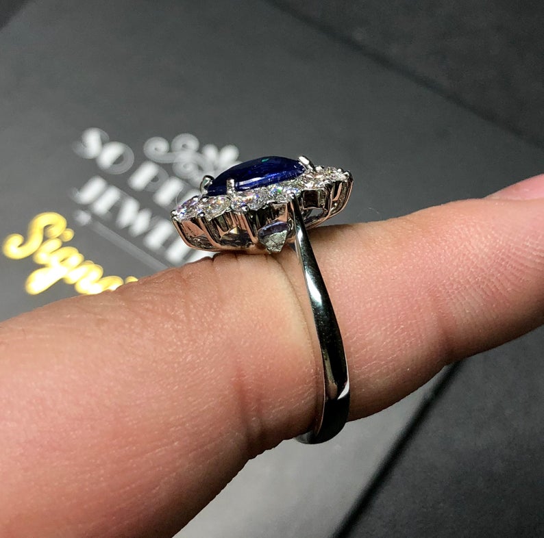 CEYLON! 4.97TCW Blue Sapphire & Diamonds in 18K solid handmade white gold ring engagement vintage clean wedding natural genuine cornflower