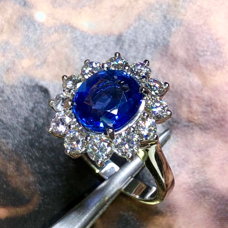 CEYLON! 4.97TCW Blue Sapphire & Diamonds in 18K solid handmade white gold ring engagement vintage clean wedding natural genuine cornflower