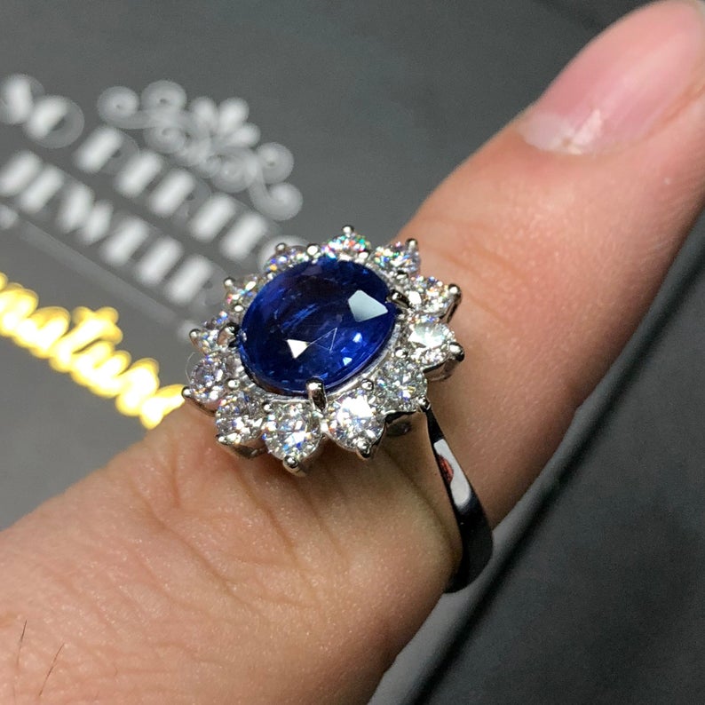 CEYLON! 4.97TCW Blue Sapphire & Diamonds in 18K solid handmade white gold ring engagement vintage clean wedding natural genuine cornflower