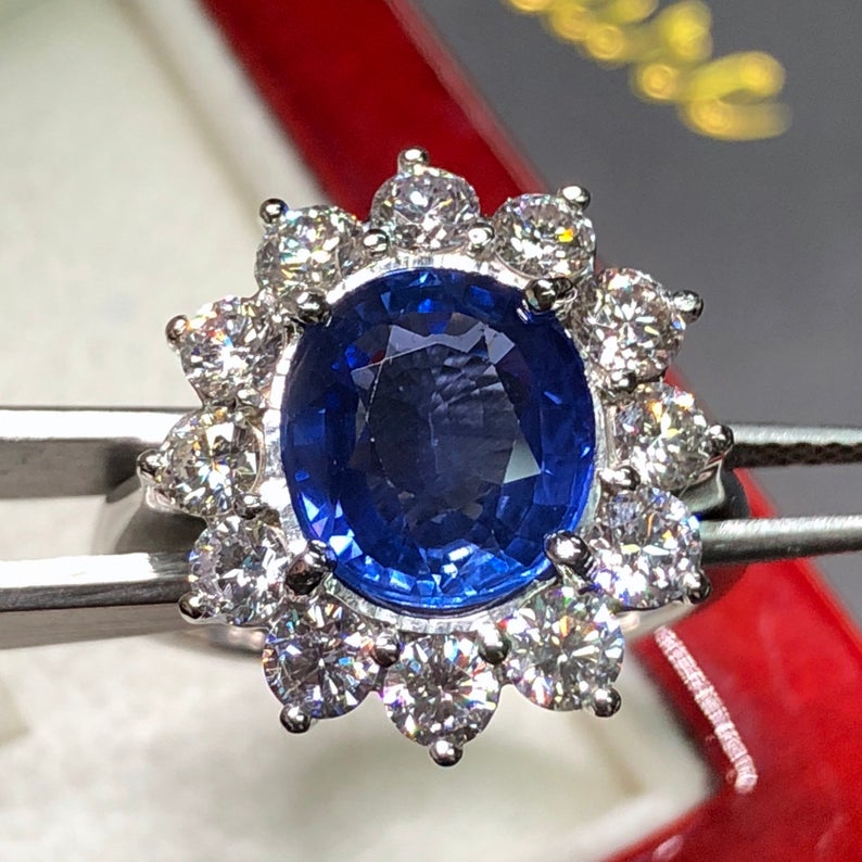 CEYLON! 4.97TCW Blue Sapphire & Diamonds in 18K solid handmade white gold ring engagement vintage clean wedding natural genuine cornflower