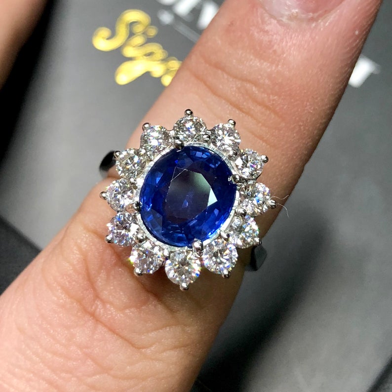 CEYLON! 4.97TCW Blue Sapphire & Diamonds in 18K solid handmade white gold ring engagement vintage clean wedding natural genuine cornflower