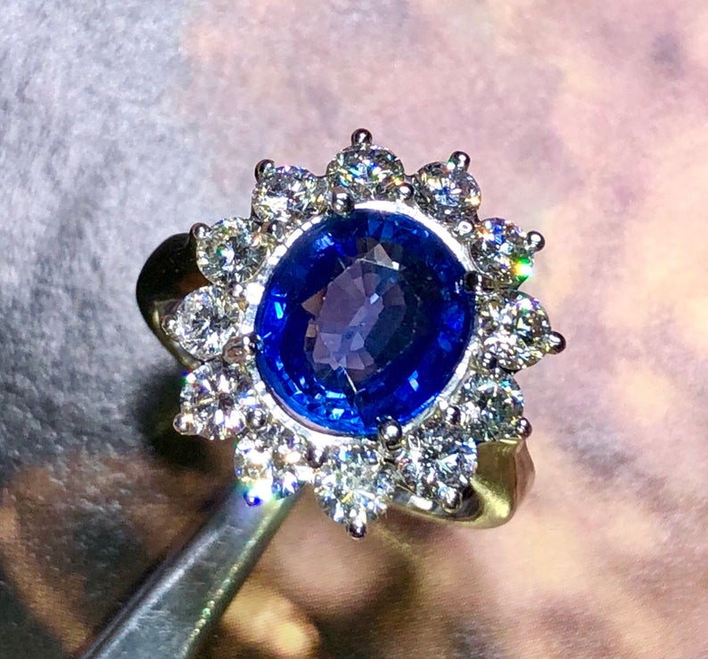 CEYLON! 4.97TCW Blue Sapphire & Diamonds in 18K solid handmade white gold ring engagement vintage clean wedding natural genuine cornflower