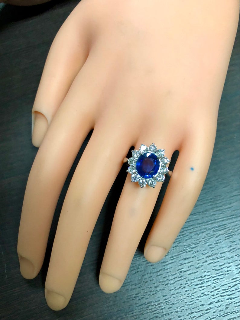 CEYLON! 4.97TCW Blue Sapphire & Diamonds in 18K solid handmade white gold ring engagement vintage clean wedding natural genuine cornflower