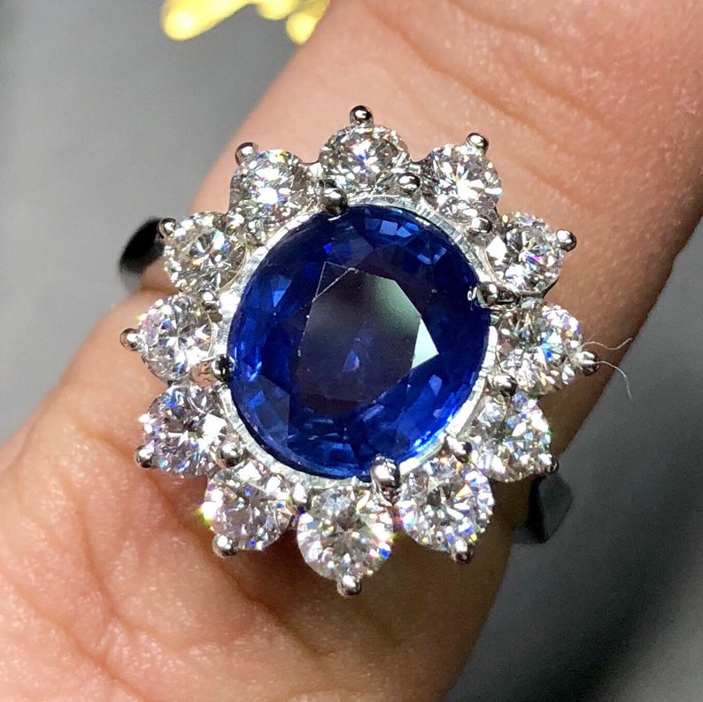 CEYLON! 4.97TCW Blue Sapphire & Diamonds in 18K solid handmade white gold ring engagement vintage clean wedding natural genuine cornflower