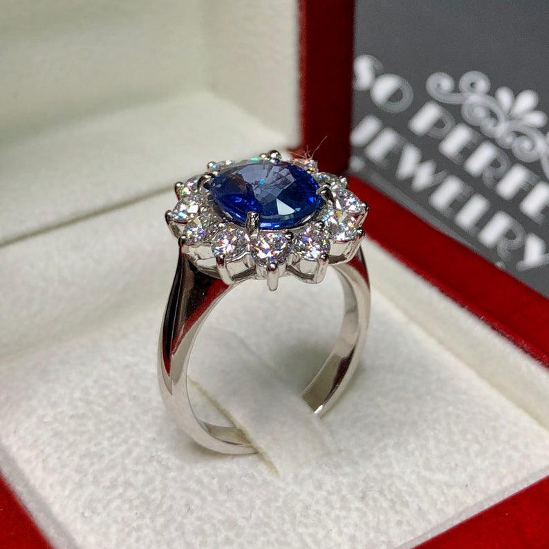 CEYLON! 4.97TCW Blue Sapphire & Diamonds in 18K solid handmade white gold ring engagement vintage clean wedding natural genuine cornflower